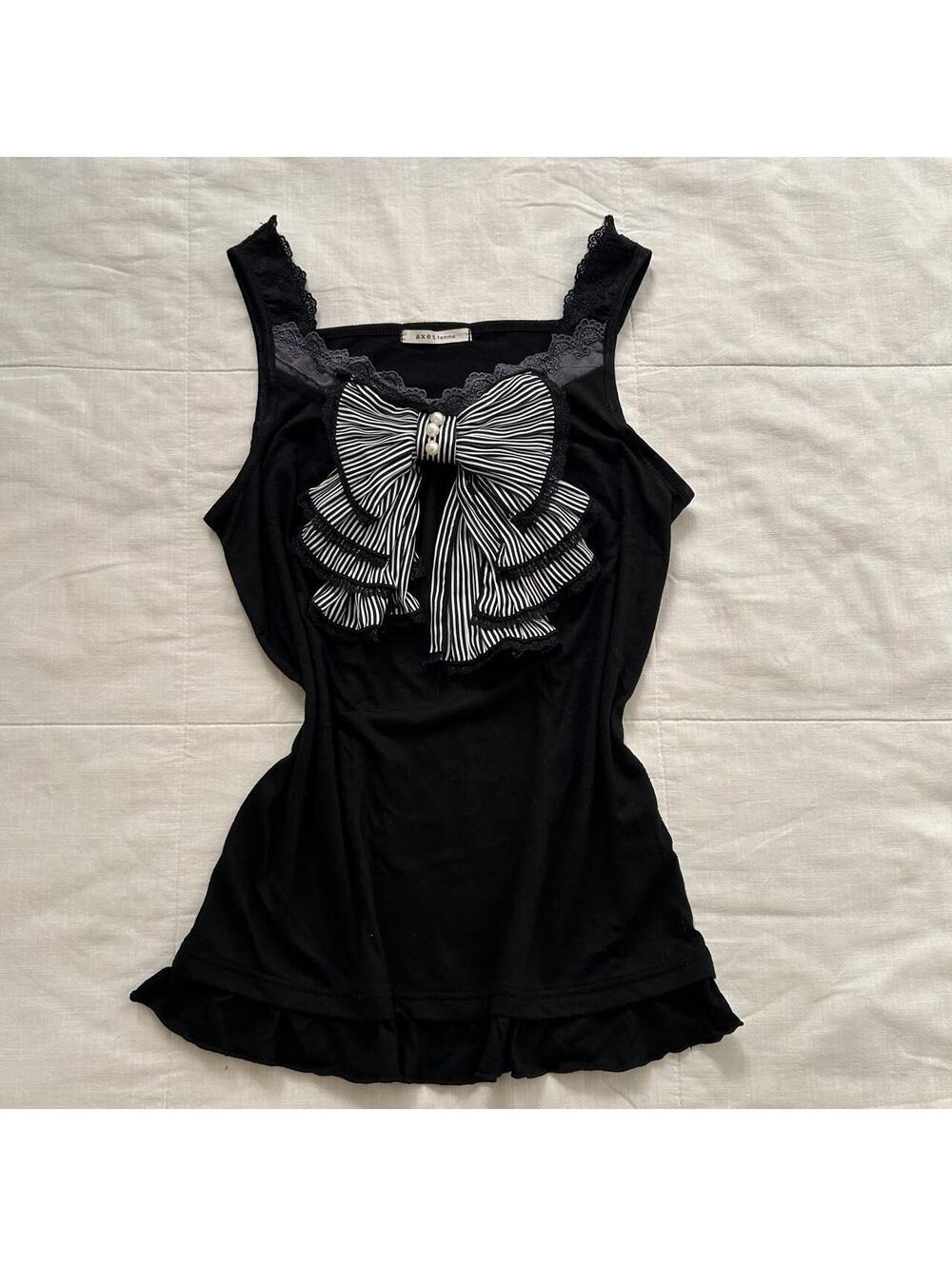 Axes Femme Black Striped Bow Lace Camisole Top Size M Japan